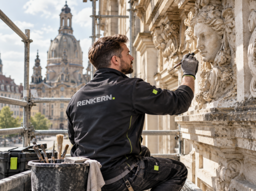 Facharbeiter bei der Restaurierung eines historischen Fassadenornaments