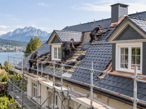 Handwerker bei der fachgerechten Sanierung eines Schieferdachs mit Gerüst