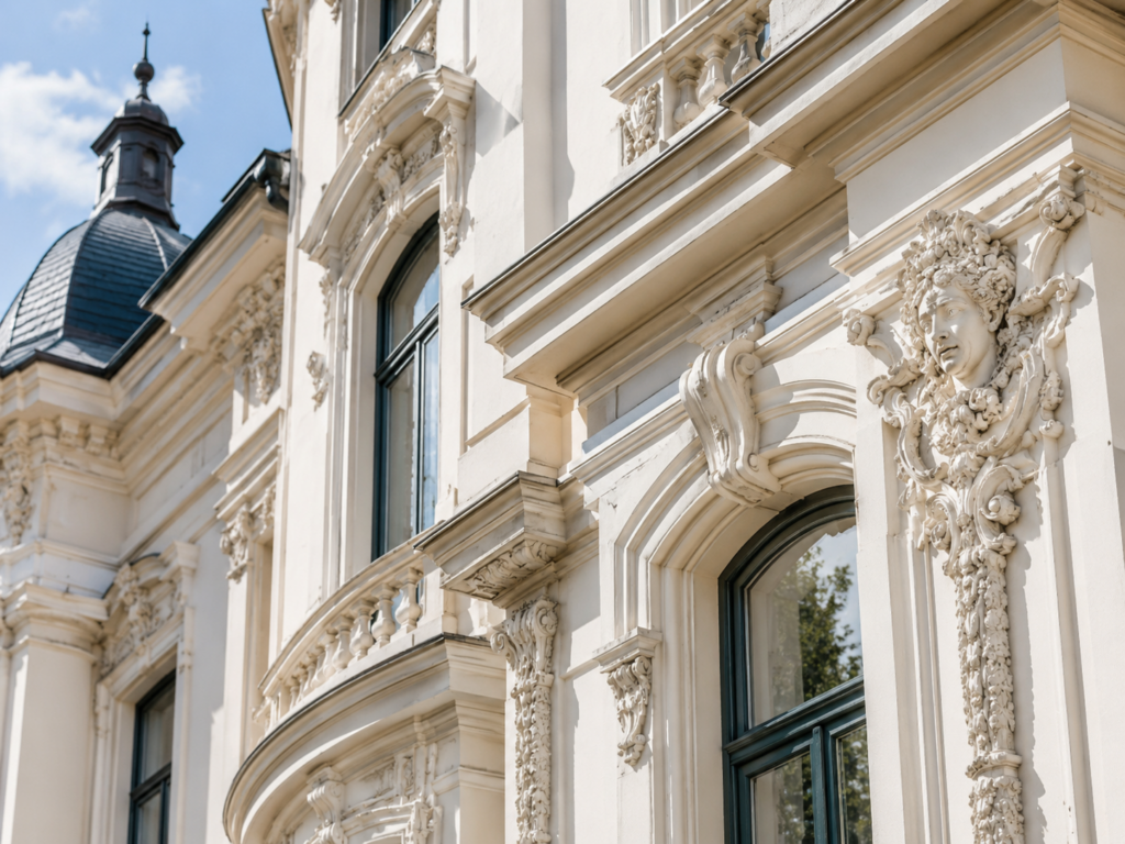 Detail einer sanierten historischen Fassade mit Stuck und ornamentalen Verzierungen