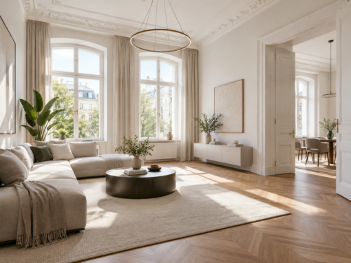 Heller modernisierter Altbau-Wohnraum mit Parkett und Stuck